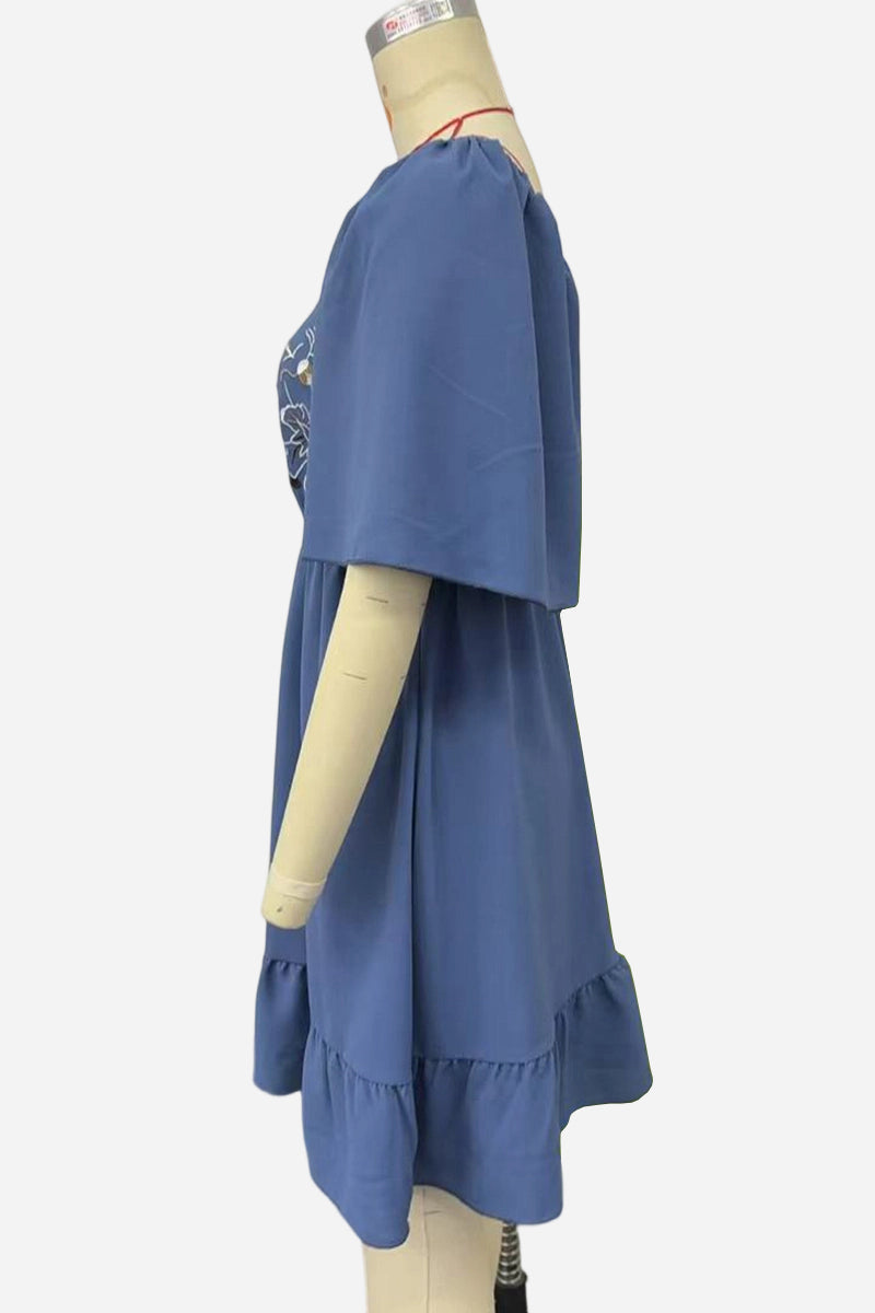 Printed Buckle Neck Flowy Dress