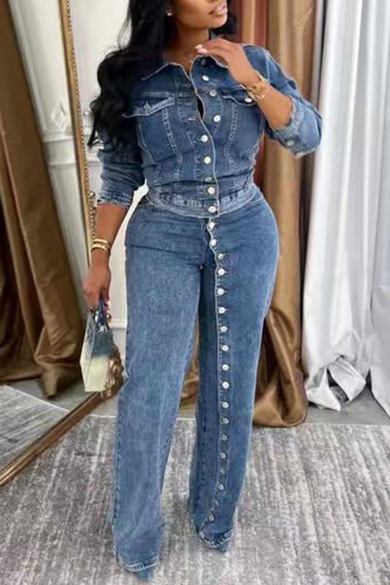 Button-Up Denim Two-Piece Set