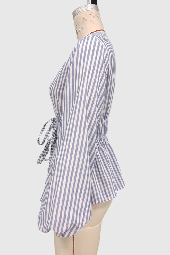 Striped Deep V-Neck Peplum Blouse