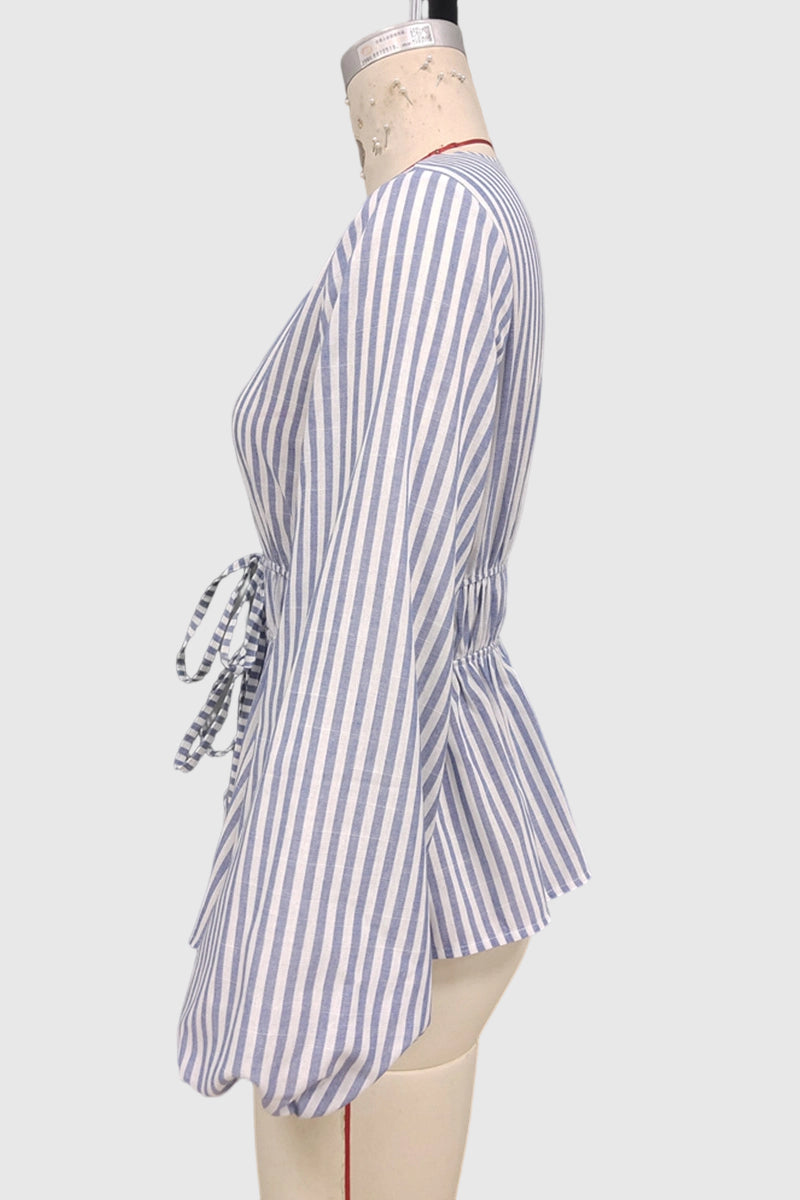 Striped Deep V-Neck Peplum Blouse