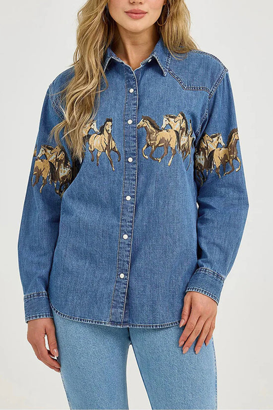 Horse Print Button-Up Denim Jacket