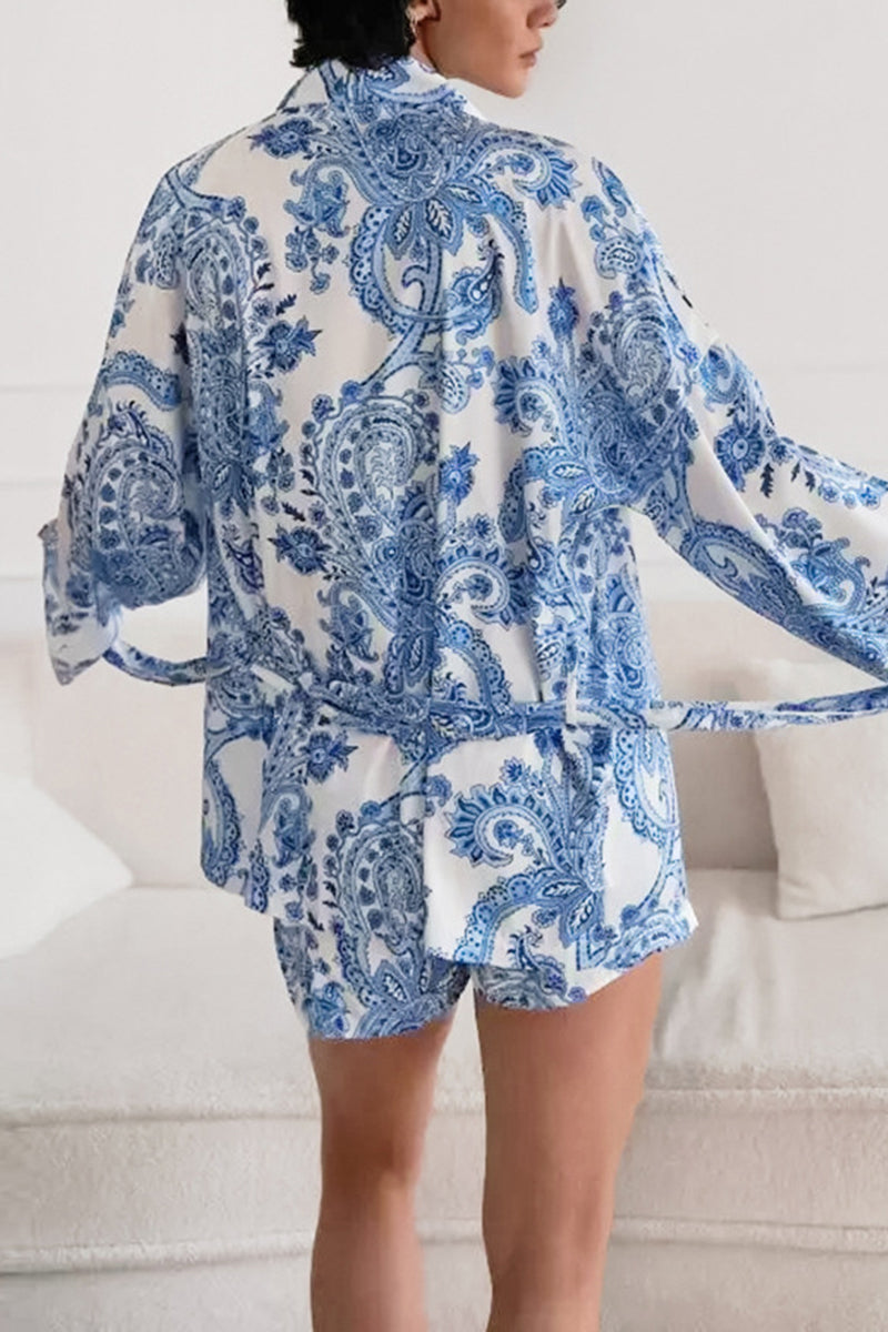 Elegant Print Pajama Set with Belt