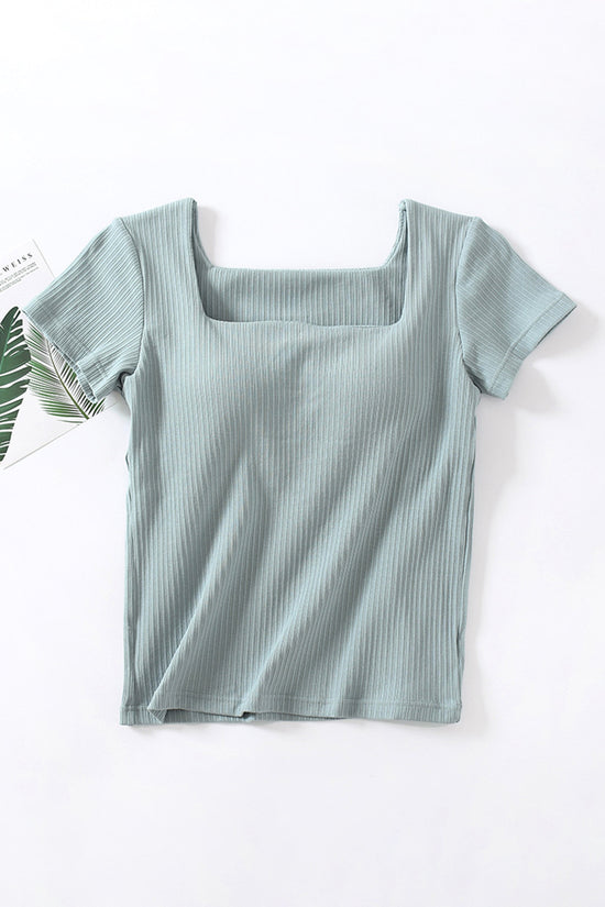 Square Neck Ribbed Short Sleeve Top