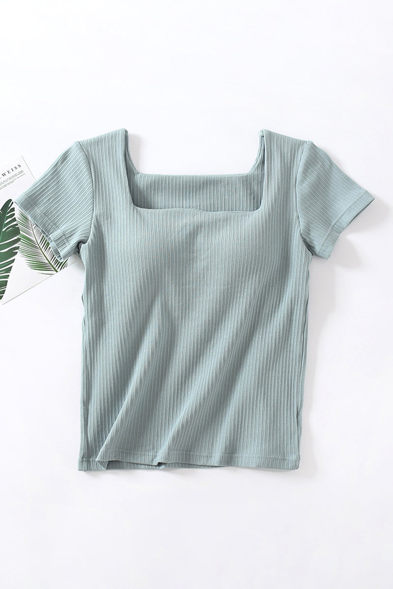 Square Neck Ribbed Short Sleeve Top