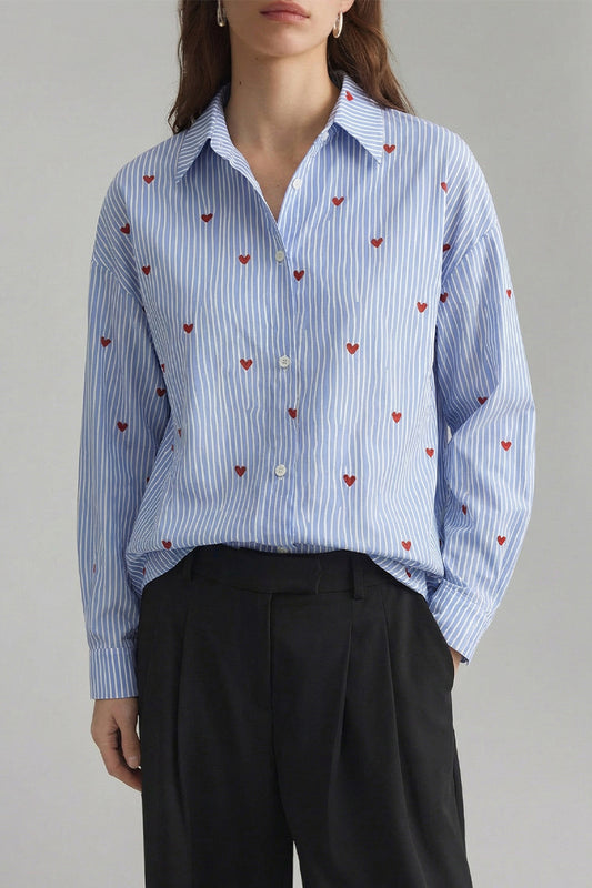 Heart Pattern Striped Oversized Blouse