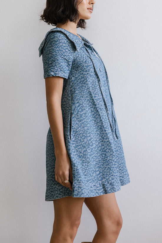 Animal Print Denim Dress with Collar