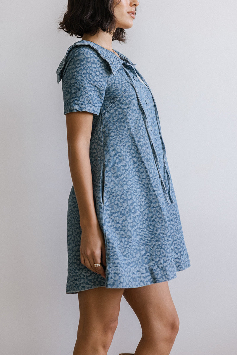 Animal Print Denim Dress with Collar