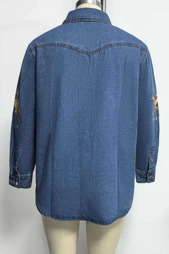 Horse Print Button-Up Denim Jacket