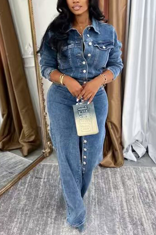 Button-Up Denim Two-Piece Set
