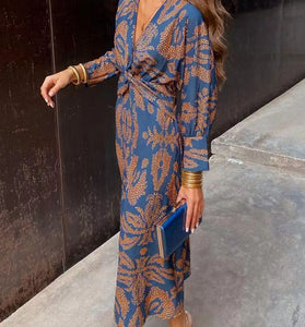 Patterned Long Sleeve Knotted Dress