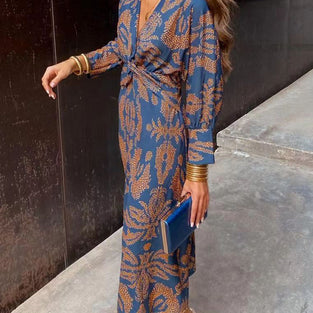 Patterned Long Sleeve Knotted Dress