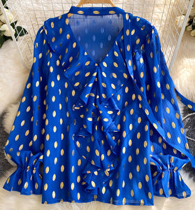 Ruffled Polka Dot V-Neck Blouse