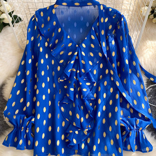 Ruffled Polka Dot V-Neck Blouse