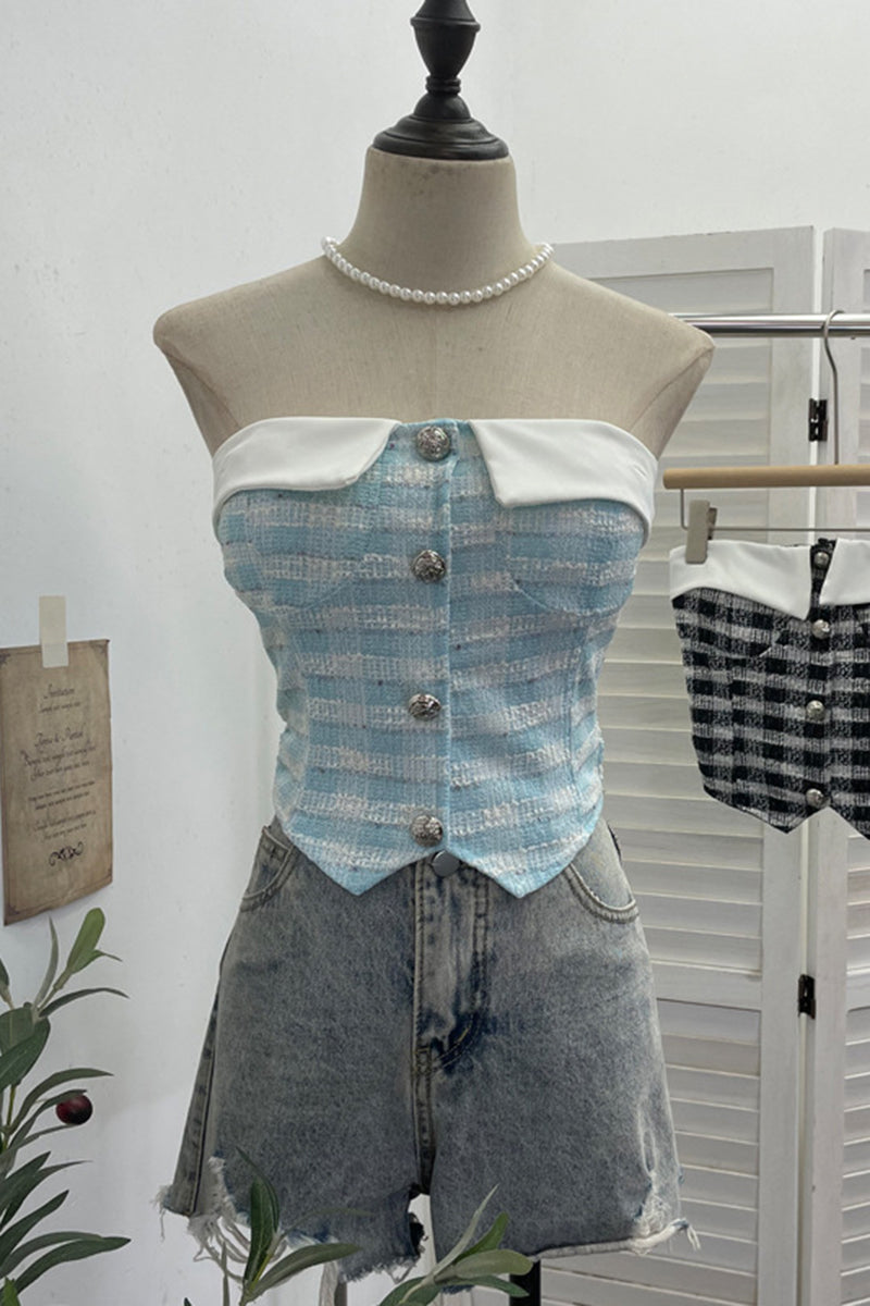 Buttoned Off-Shoulder Plaid Tank Top