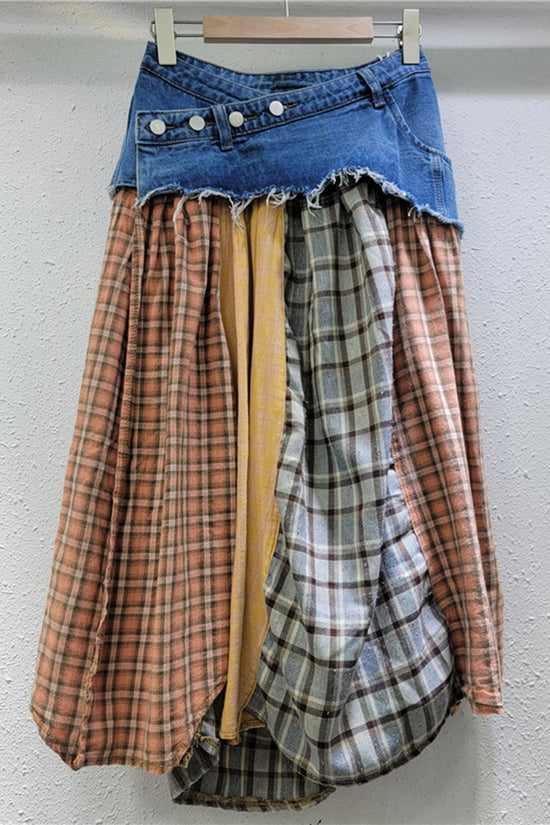 Plaid Patchwork Asymmetrical Midi Skirt