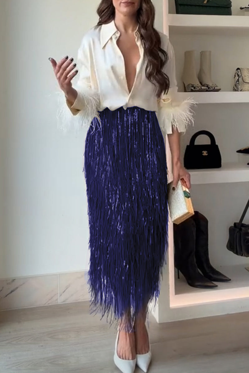 Fringe Detail Midi Skirt