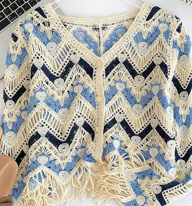 Cropped Lace Cardigan with Tassels