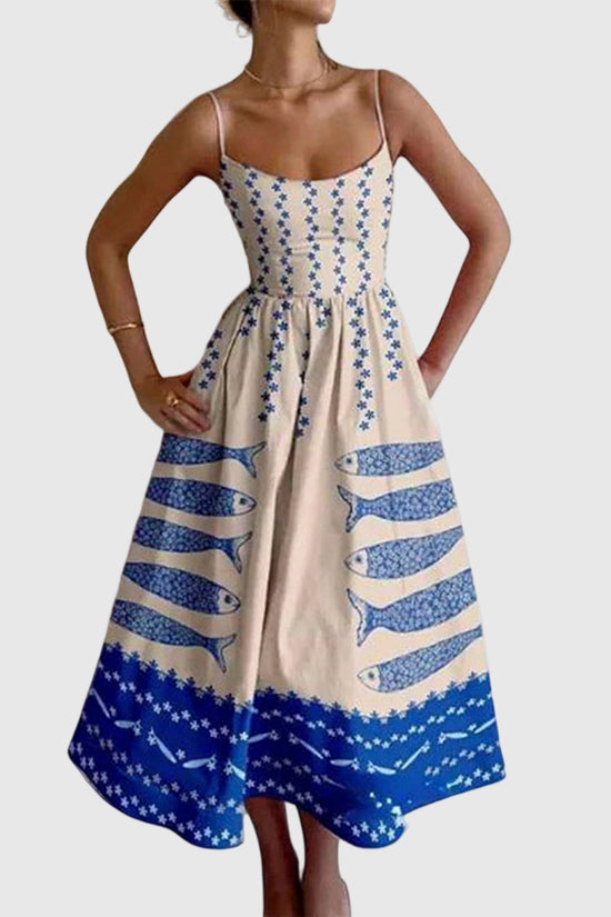 Fish Print Spaghetti Strap Midi Dress