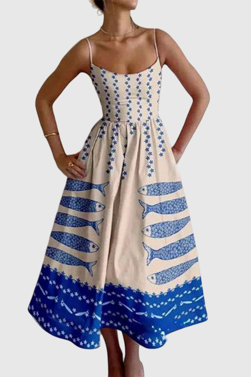 Fish Print Spaghetti Strap Midi Dress