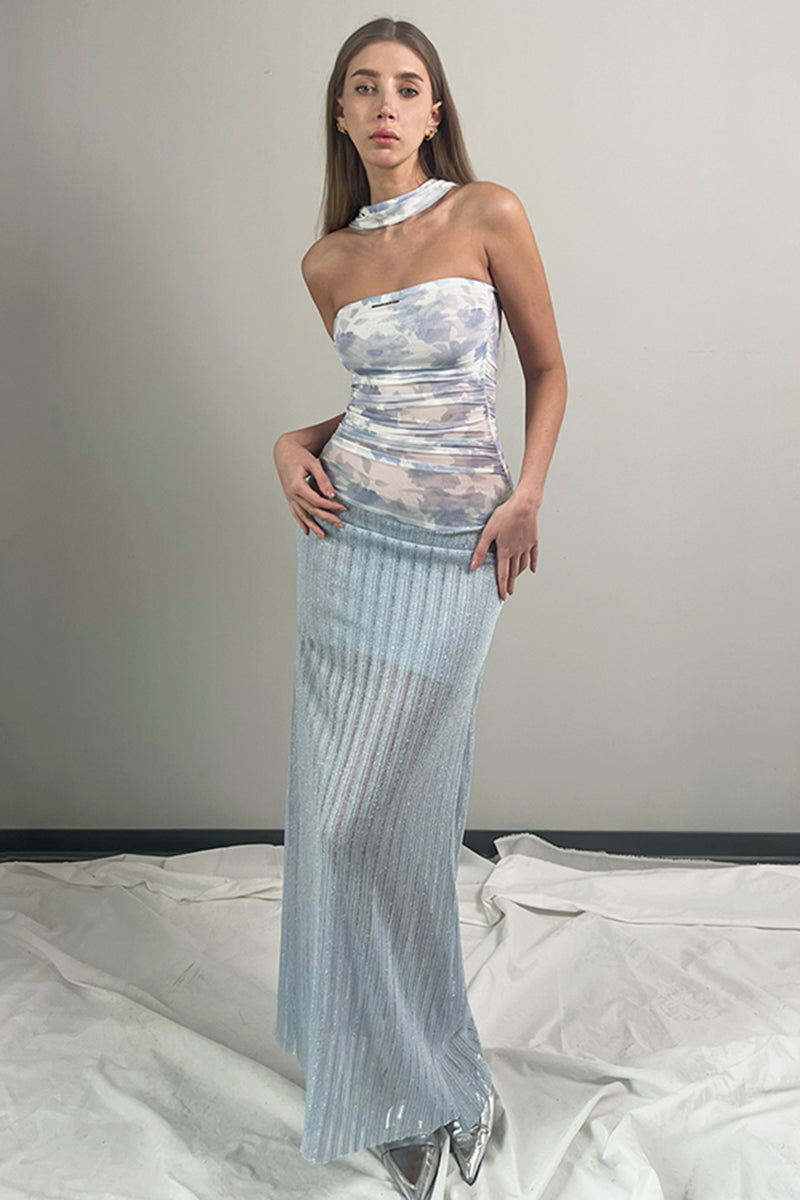 Off Shoulder Gradient Mesh Maxi Dress