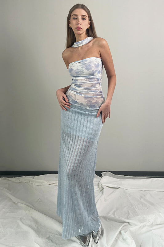 Off Shoulder Gradient Mesh Maxi Dress