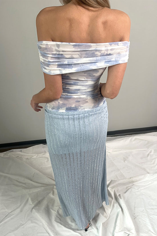 Off Shoulder Gradient Mesh Maxi Dress
