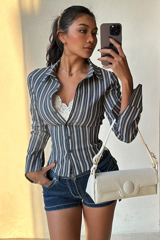 Striped Button-Up Fitted Blouse