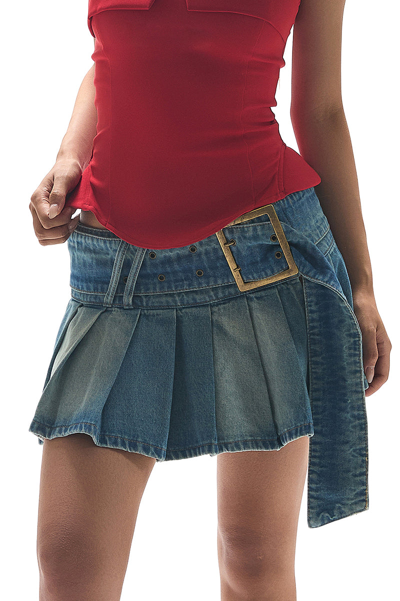 Pleated Denim Mini Skirt with Buckle