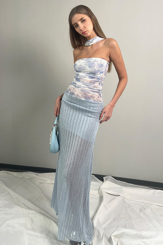 Off Shoulder Gradient Mesh Maxi Dress