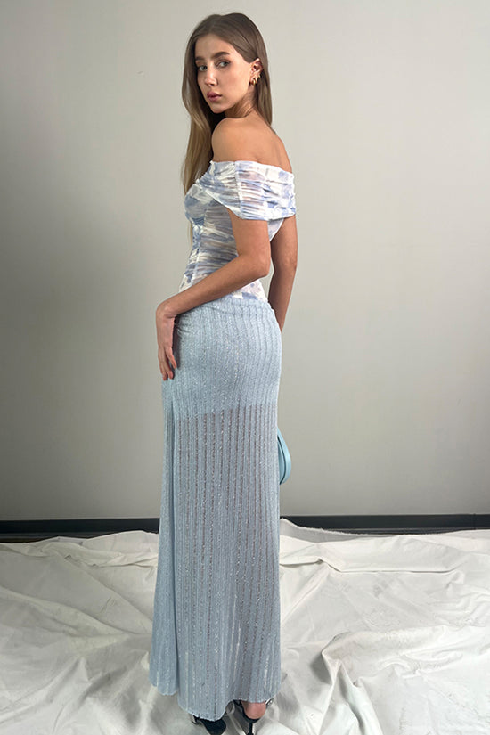 Off Shoulder Gradient Mesh Maxi Dress