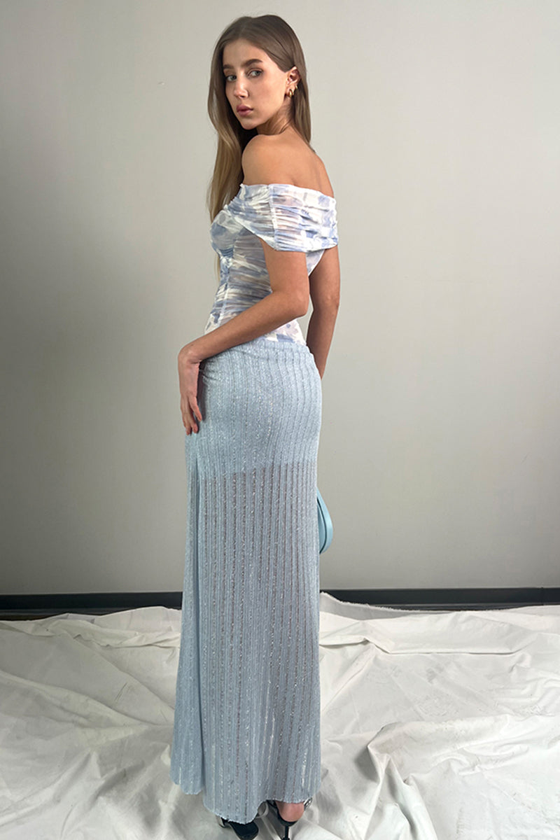 Off Shoulder Gradient Mesh Maxi Dress