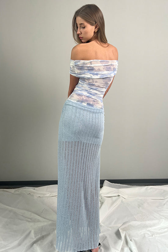 Off Shoulder Gradient Mesh Maxi Dress