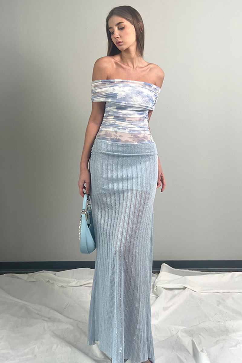 Off Shoulder Gradient Mesh Maxi Dress