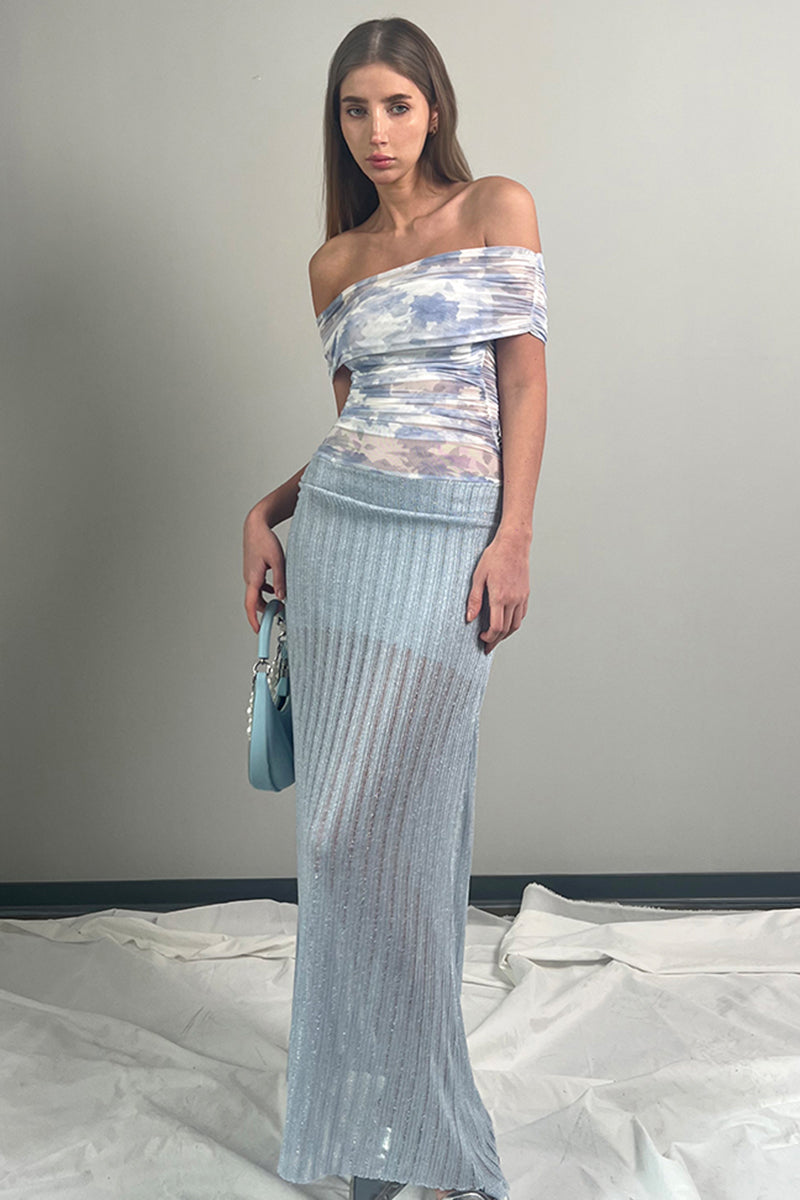 Off Shoulder Gradient Mesh Maxi Dress