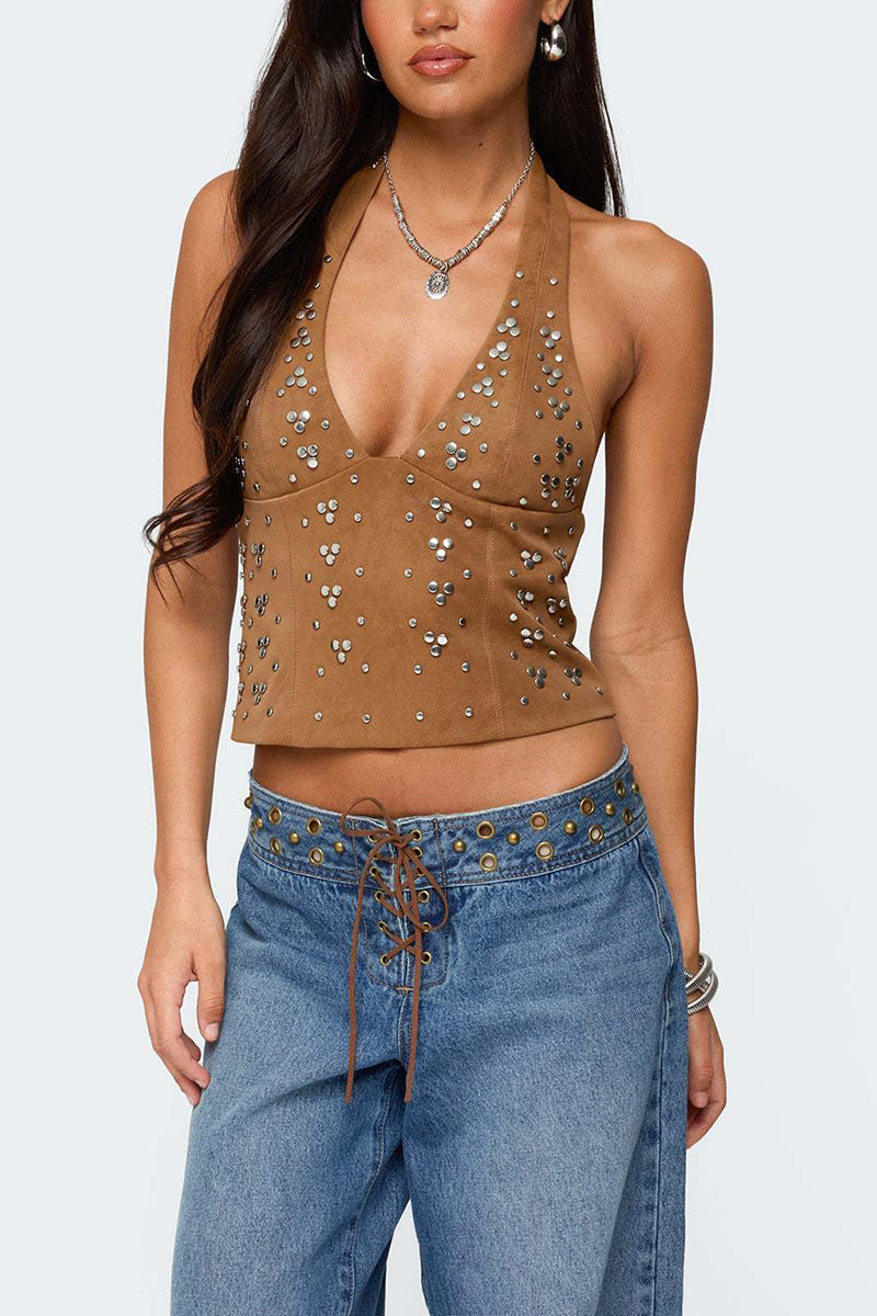 Studded Halter Neck Crop Top
