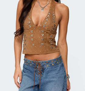 Studded Halter Neck Crop Top
