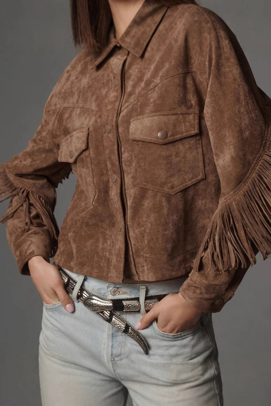Fringe Detail Button-Up Suede Jacket