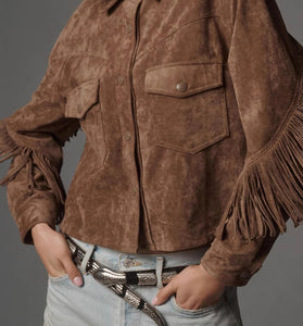 Fringe Detail Button-Up Suede Jacket