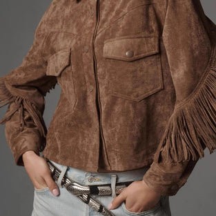 Fringe Detail Button-Up Suede Jacket