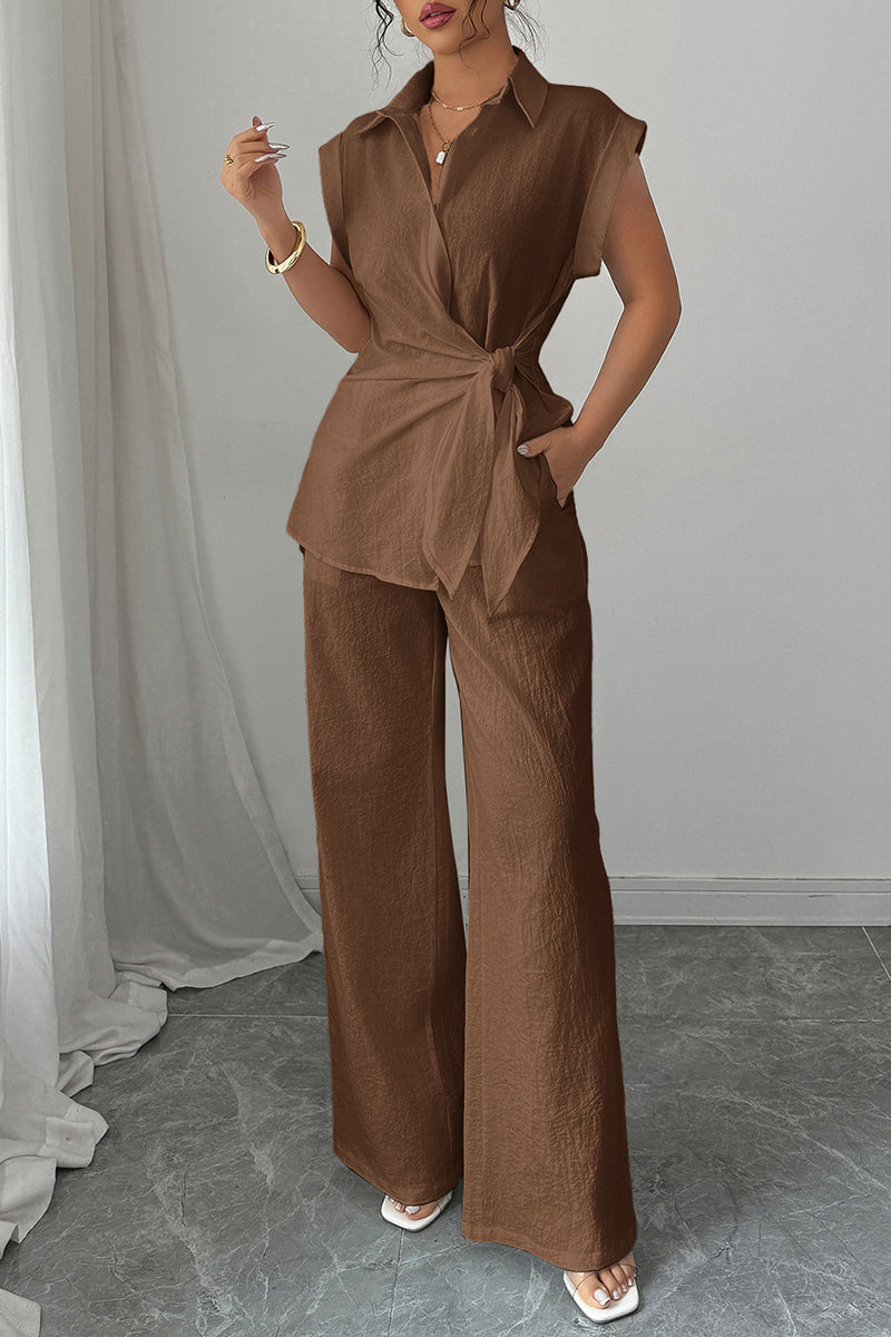 Elegant Sleeveless Shirt and Wide-Leg Pants Set