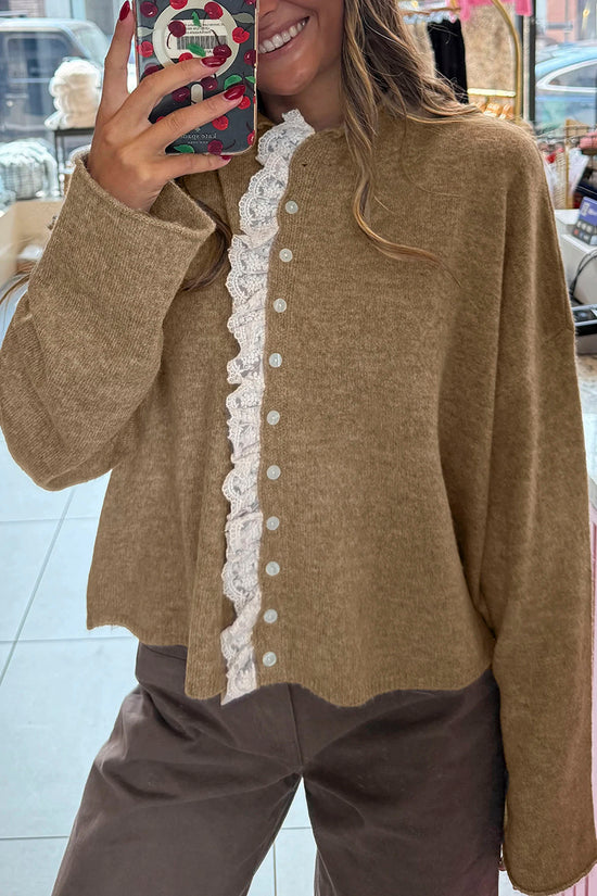 Contrast Frilled Lace Trim Loose Cardigan
