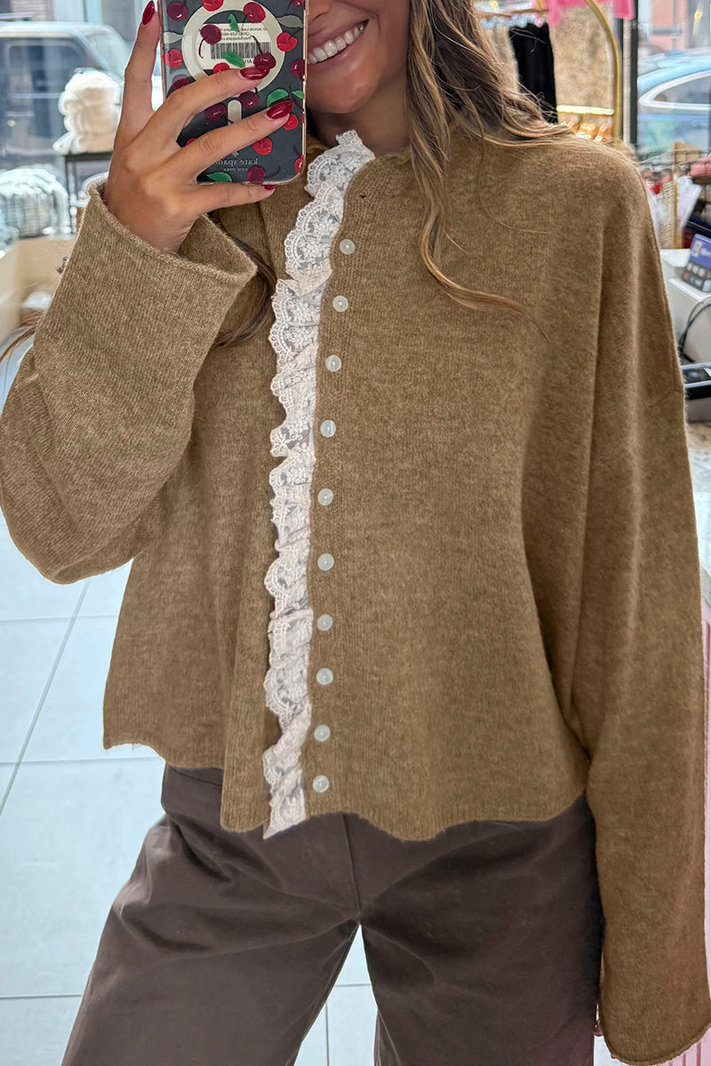 Contrast Frilled Lace Trim Loose Cardigan