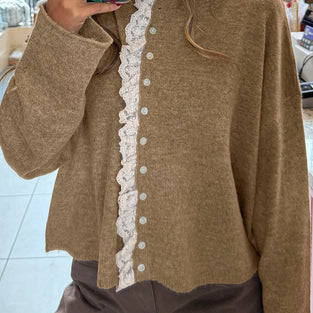 Contrast Frilled Lace Trim Loose Cardigan