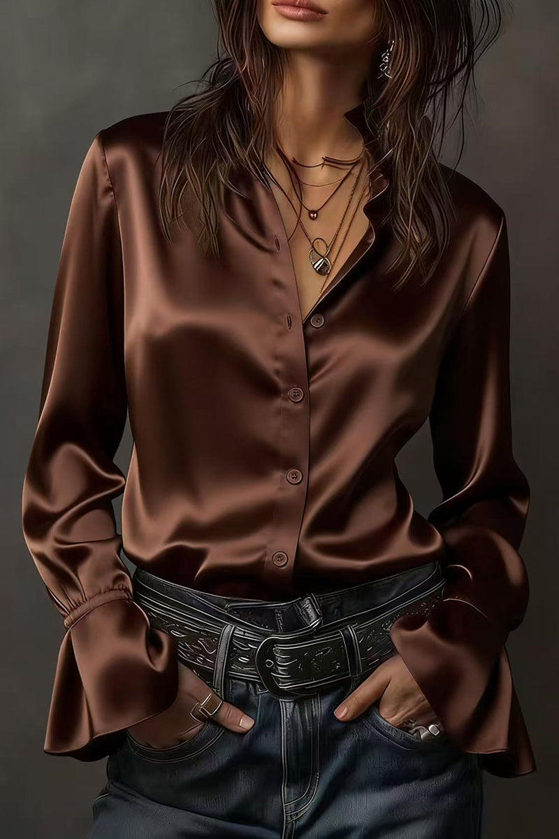 Ruffled Long Sleeve Button-Up Blouse