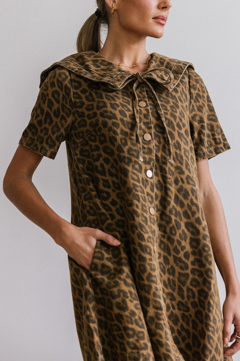 Animal Print Denim Dress with Collar