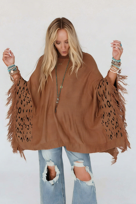 Fringe Leopard Detailed Oversized Sweater