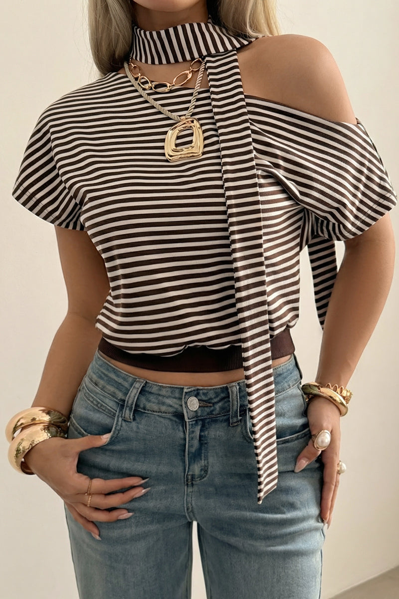 Striped Off-Shoulder Tie Detail Top