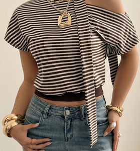 Striped Off-Shoulder Tie Detail Top