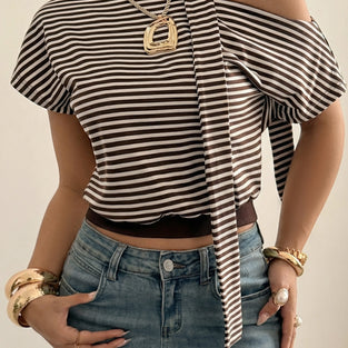 Striped Off-Shoulder Tie Detail Top