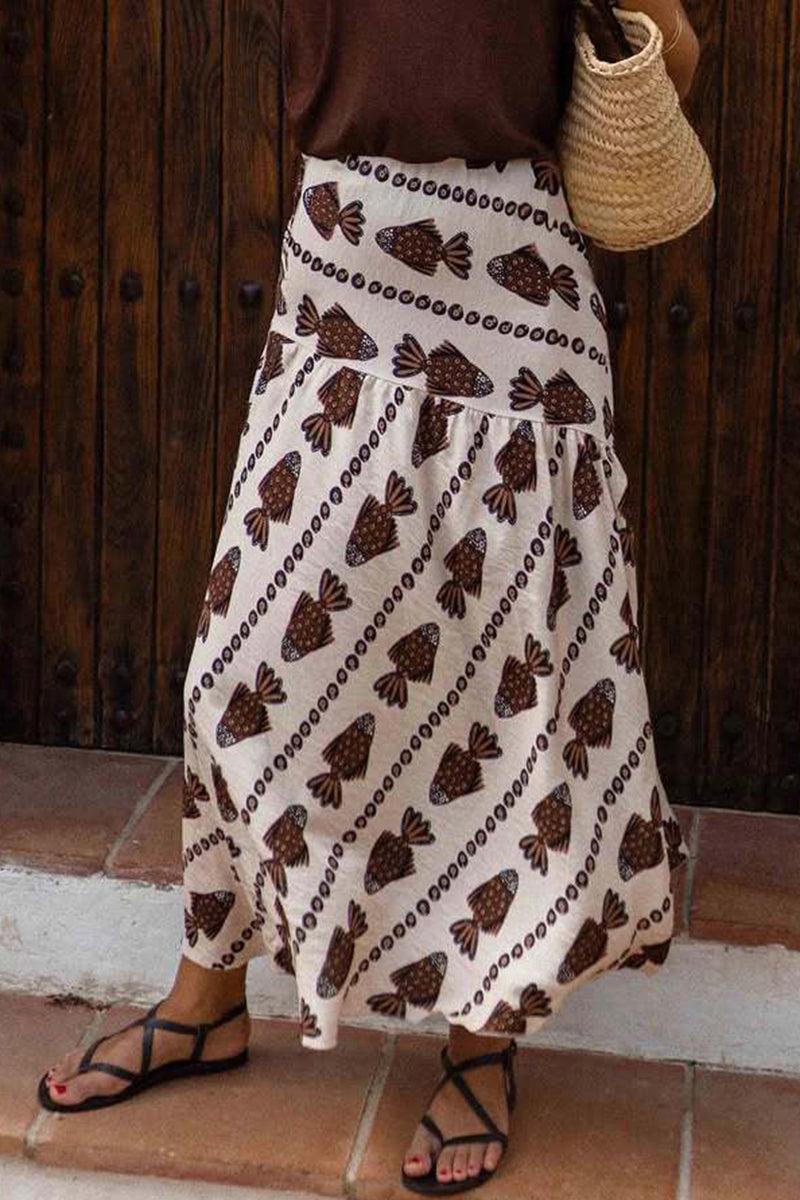 Fish Print Midi Skirt with Patterned Detail